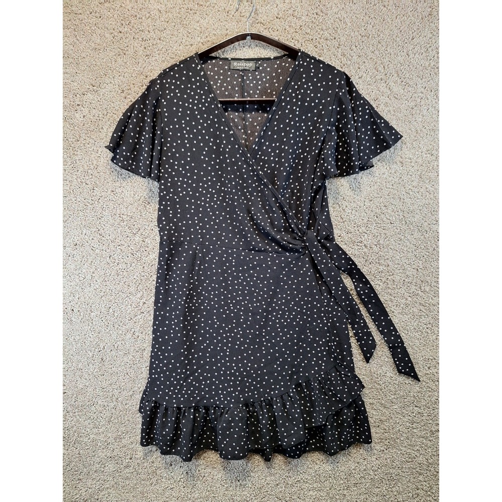 Relipop Wrap Dress Womens Large Black White Polka Dot Side Tie Ruffle Hem V Neck